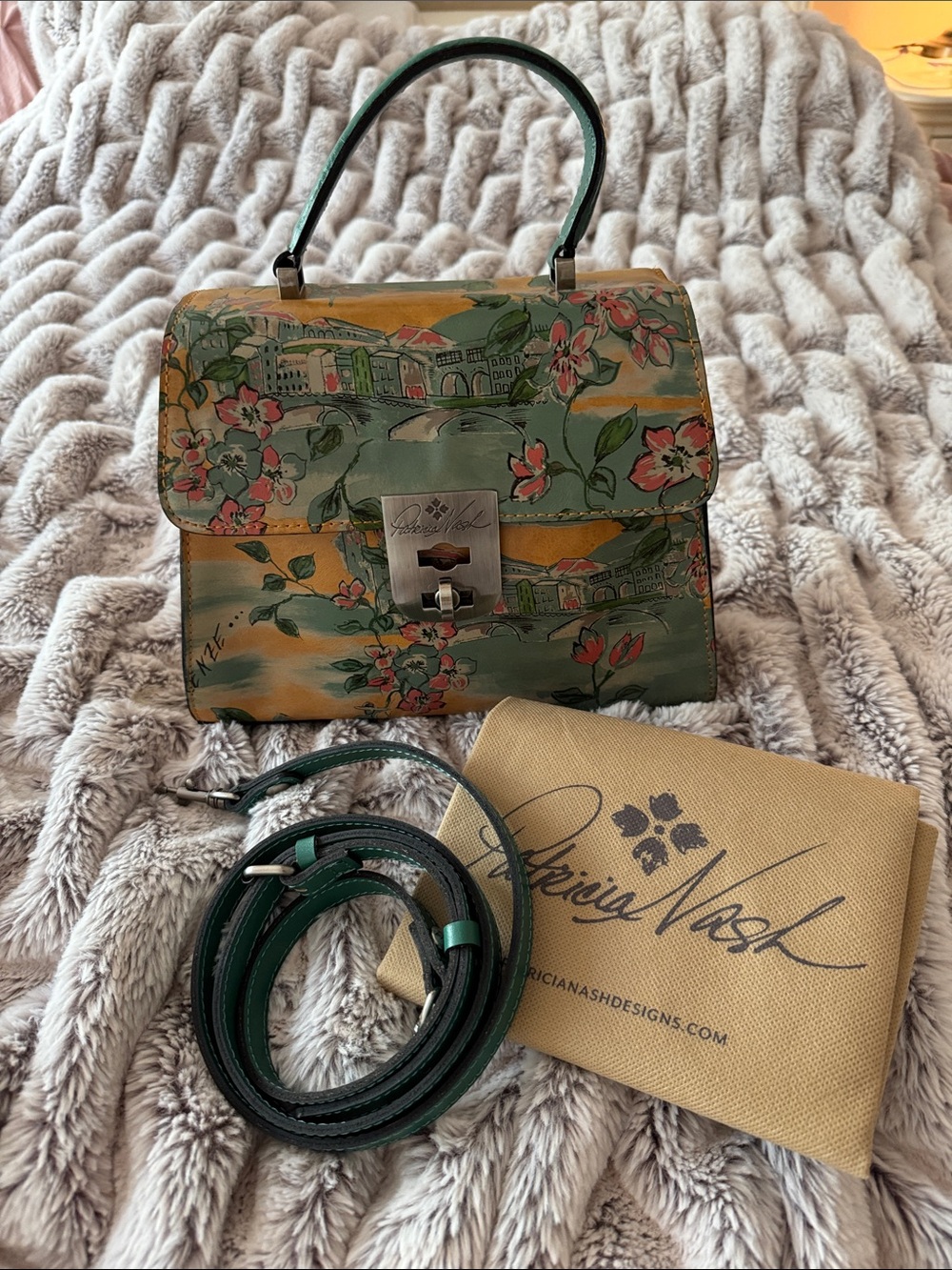 Patricia Nash Green Floral Leather Top-Handle Satchel with Gold Accent
